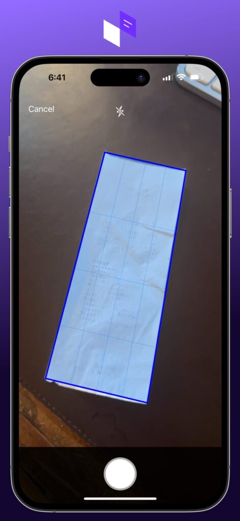 Xpenznet live receipt scan: camera view with a receipt outlined for capture